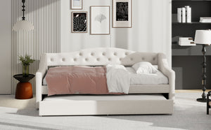 English Elm Upholstered Twin XL Daybed with Built-In LED Belt and Trundle, Linen Backrest, Modern Guest Bed Beige DL002050AAA