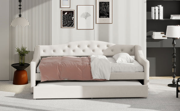 English Elm Upholstered Twin XL Daybed with Built-In LED Belt and Trundle, Linen Backrest, Modern Guest Bed Beige DL002050AAA