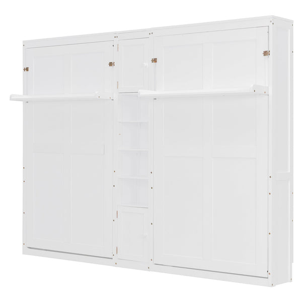 English Elm Dual Twin Murphy Beds with Built-In Cabinets & Shelves for Space-Saving Guest Rooms and Studios White N820S00058K