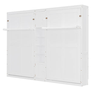 English Elm Dual Twin Wall Murphy Beds with Storage Tower Shelves for Kids or Guest Rooms White N820S00058K-1