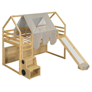English Elm Twin House Loft Bed with Tent Canopy Slide and Shelves Pinewood Kids Frame Natural LT000682AAD
