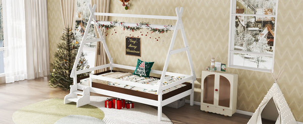 English Elm Twin House Shaped Platform Bed Solid Pine Frame with Built in Stairs for Kids W1580P354718
