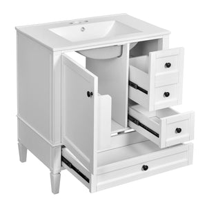 English Elm 30 30 Inch Bathroom Vanity with Ceramic Sink, Modern Compact 3-Drawer Storage Cabinet for Small Baths White N710P247499K