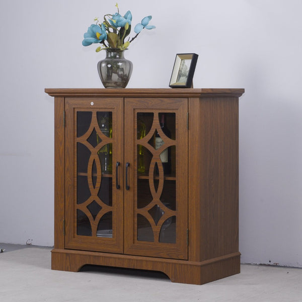English Elm Elegant Mirrored Sideboard with Butterfly Carved Doors Wood Grain Finish Dining Storage Dark Oak W2899P372743