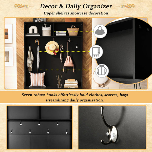 English Elm U-Can Entryway Bench with Coat Rack and Shoe Cabinet, 7 Hooks, Adjustable Shelves, Sturdy MDF Black N724P264668B