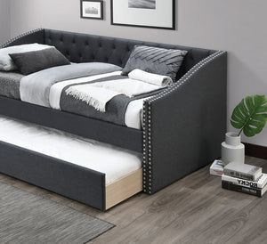 English Elm Contemporary Tufted Burlap Daybed with Pull Out Trundle and Nailhead Trim Detail B011S02042