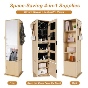 English Elm 360° Rotating Tower Cabinet with Full Length Mirror Open Shelving and Jewelry Storage Walnut W509P456173