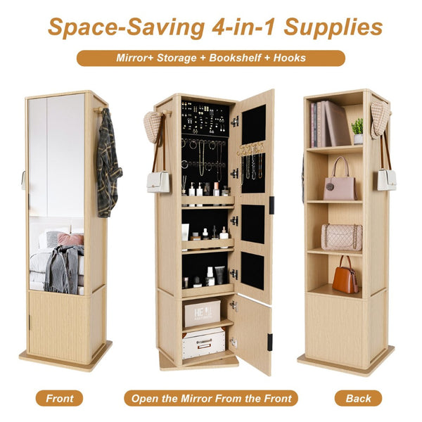 English Elm 360° Rotating Tower Cabinet with Full Length Mirror Open Shelving and Jewelry Storage Walnut W509P456173