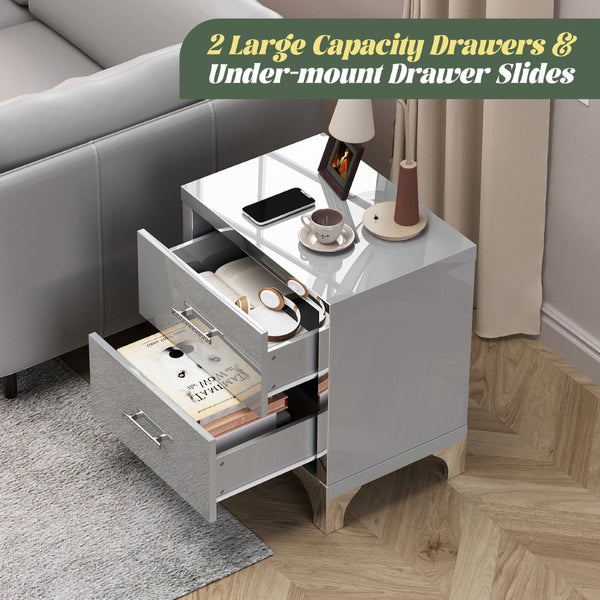English Elm High Gloss Mirrored 2 Drawer Nightstand Slim Metal Legs Modern Bedroom Side Table Grey W5271P416536
