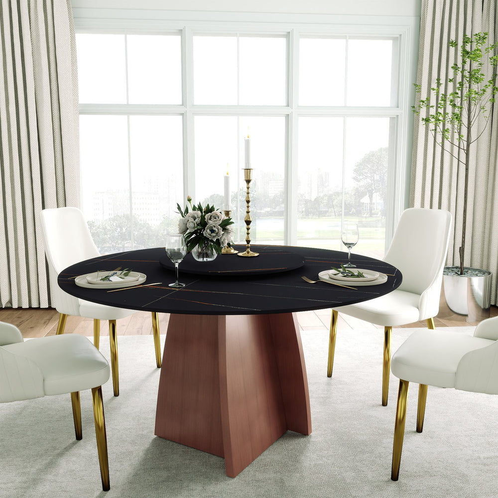 English Elm 59.05" Round Marble Dining Table For 6-8 People With Iron Base & Black Stone Turntable - Modern Elegance W1535S00485