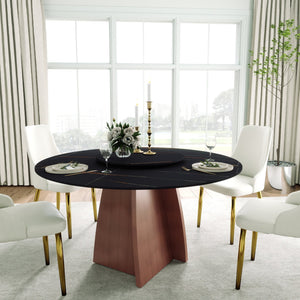 English Elm 59.05" Round Marble Dining Table For 6-8 People With Iron Base & Black Stone Turntable - Modern Elegance W1535S00485