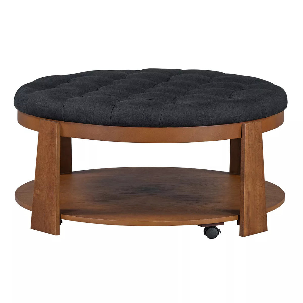 English Elm Round Wire-Brushed Coffee Table 40¾" Dia Rustic Natural Tone with Button-Tufted Padded Seat & Open Shelf B2741P360142