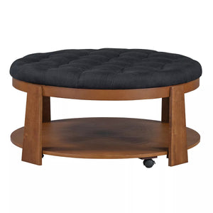 English Elm Round Wire-Brushed Coffee Table 40¾" Dia Rustic Natural Tone with Button-Tufted Padded Seat & Open Shelf B2741P360142