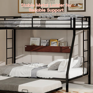 English Elm High Strength Iron Bunk Bed with Rolling Trundle Minimalist Queen Frame for Three W1935P360876