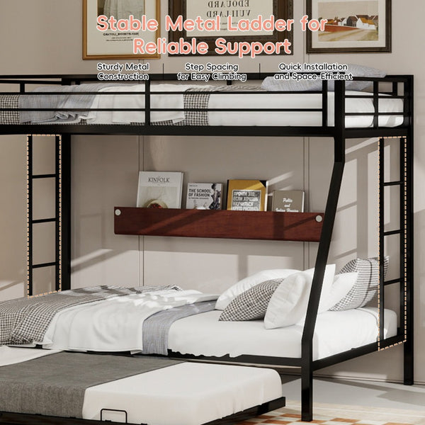 English Elm High Strength Iron Bunk Bed with Rolling Trundle Minimalist Queen Frame for Three W1935P360876