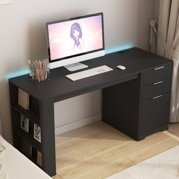 English Elm L Shaped Corner Desk with Led Lighting Bookshelf Drawers and Built in Charging Station W1321P399020
