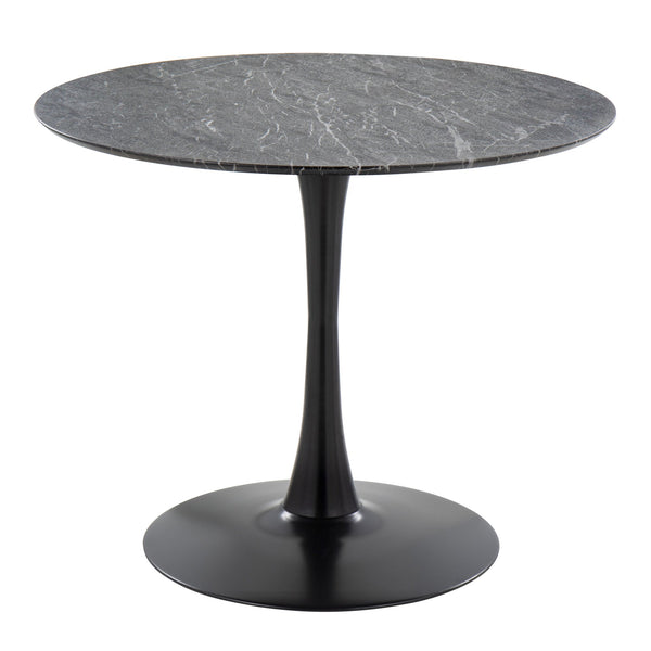 English Elm Pebble Round Modern Dining Table with Black Marble Veneer Top and Sturdy Black Metal Pedestal Base B202S01127