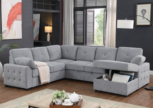 English Elm Nyhan Upholstered Corner Sectional with Pull-Out Loveseat and Storage Chaise, Chenille Elegance Light Gray B102S00079