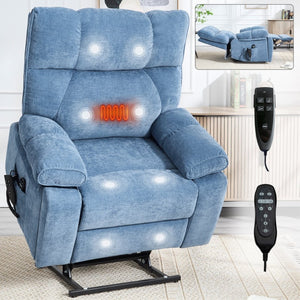 English Elm Beige Chenille Power Lift Recliner Dual Motor Massage Heat 350 Lb Capacity Blue W1803P264051