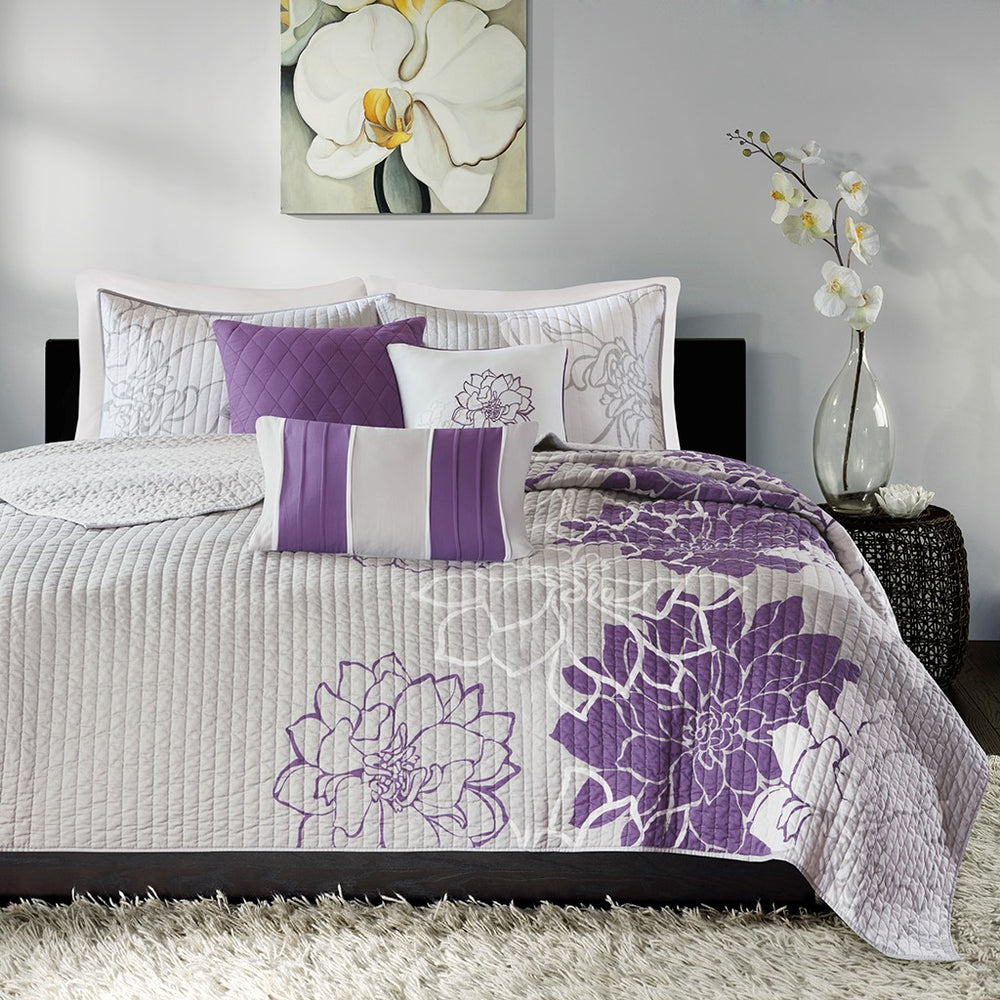 English Elm 6 Piece Printed Cotton Quilt Set With Decorative Pillows In Elegant Taupe Grey And Purple Hues B03597428