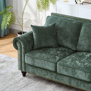 English Elm 63" Modern 2-Seater Sofa with Chenille Velvet, Rolled Arms, Nailhead Trim, Solid Wood Frame Durable Green W3373S00043
