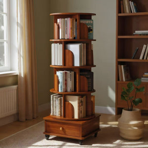 English Elm Rotating 5-Tier Corner Bookshelf With Drawer - 360° Swivel Space-Saving Rack For Modern Living Spaces W2641P329214-GIGA