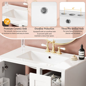 English Elm 30-inch Modern Bathroom Vanity with Ceramic Basin, Rubberwood Frame, Soft-Close Drawers & Organized Storage White N729P290689K