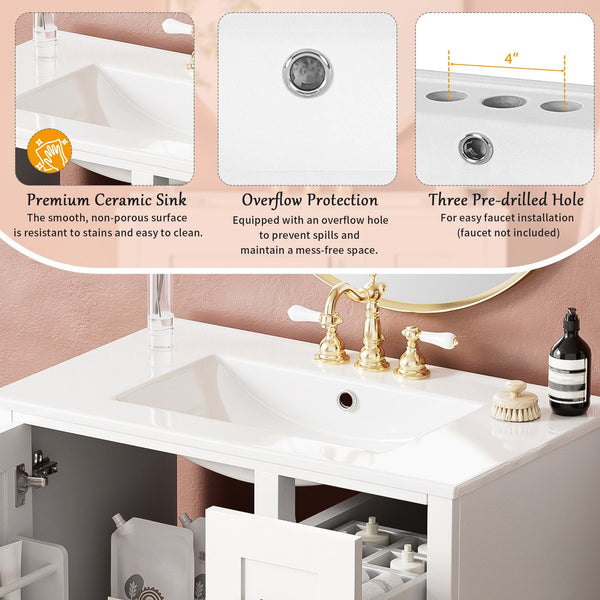 English Elm 30-inch Modern Bathroom Vanity with Ceramic Basin, Rubberwood Frame, Soft-Close Drawers & Organized Storage White N729P290689K