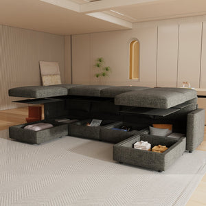 English Elm Modern Large Sectional Sofa U-Shaped 123" Modular Sofa Bed with Ottoman Storage, Plush Chenille Comfort Grey W680S00011