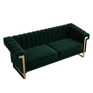English Elm FX-P81-RG2 Black Velvet Chesterfield Sofa with Gold L Legs, Channel Tufted 3-Seater for Glam Rooms W576S00089