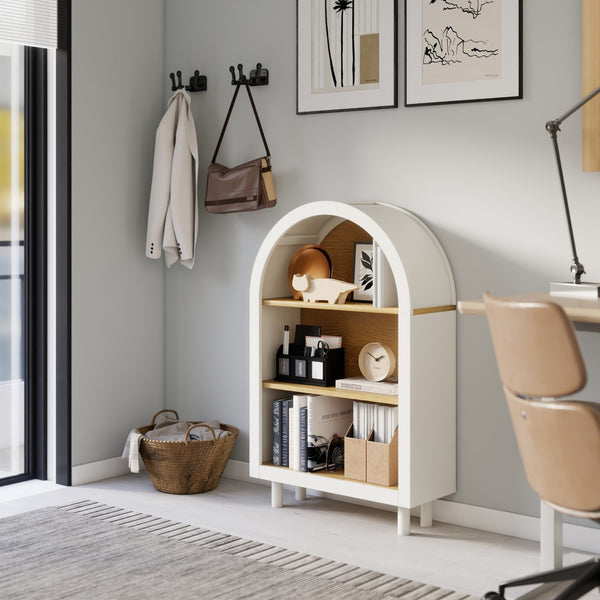 English Elm Arched Three Tier Bookshelf White Frame Woodgrain Shelves Modern Storage for Any Room W2557P428368