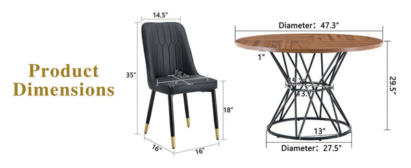 English Elm Table and Chair Set Round Walnut Mdf Dining with Six Two-tone Pu Seats Gold Legs Walnut+Black W1151S04838