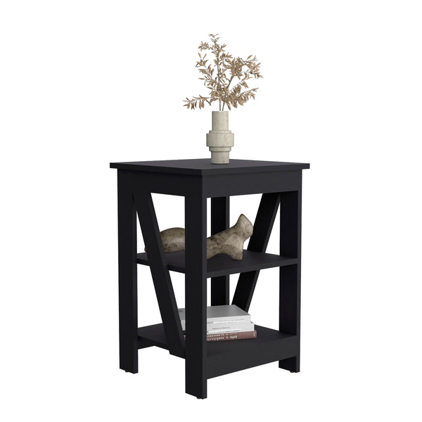 English Elm 3-Tier Engineered Wood End Table with Cross-Brace Legs, Compact Nightstand with Ample Shelving Space Black 34.6 L x 20.8 W x 3.14 H B097P199750