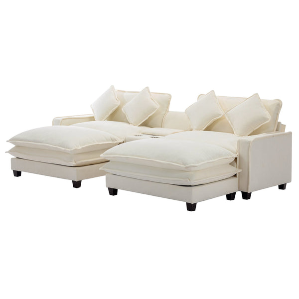 English Elm 111" Sectional Sofa Chenille Upholstered with Removable Ottoman, USB Ports, Cup Holders & Storage Box Beige N719S001480A