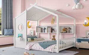 English Elm Full House Floor Bed with Roof Playhouse Design, Montessori Style with Rear Storage Shelf, Sturdy Pine White 78.5 L x 16.35 W x 8 H N733P335068K