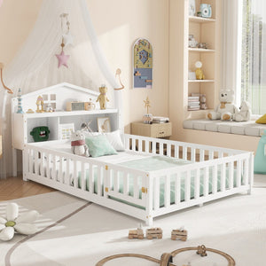 English Elm Full-size Montessori Floor Bed with Built-In Bookcase and Chalkboard, Space-Saving Solid Wood Platform for Kids White 56.3 L x 17.32 W x 5.31 H W1716S00012