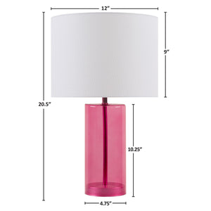 JLA Home 510 Design - Glass Neonova Table Lamp — Pink tempered-glass body, white drum shade, LED ambient light, modern bedside accent 5DS153-0051