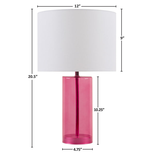 JLA Home 510 Design - Glass Neonova Table Lamp — Pink tempered-glass body, white drum shade, LED ambient light, modern bedside accent 5DS153-0051