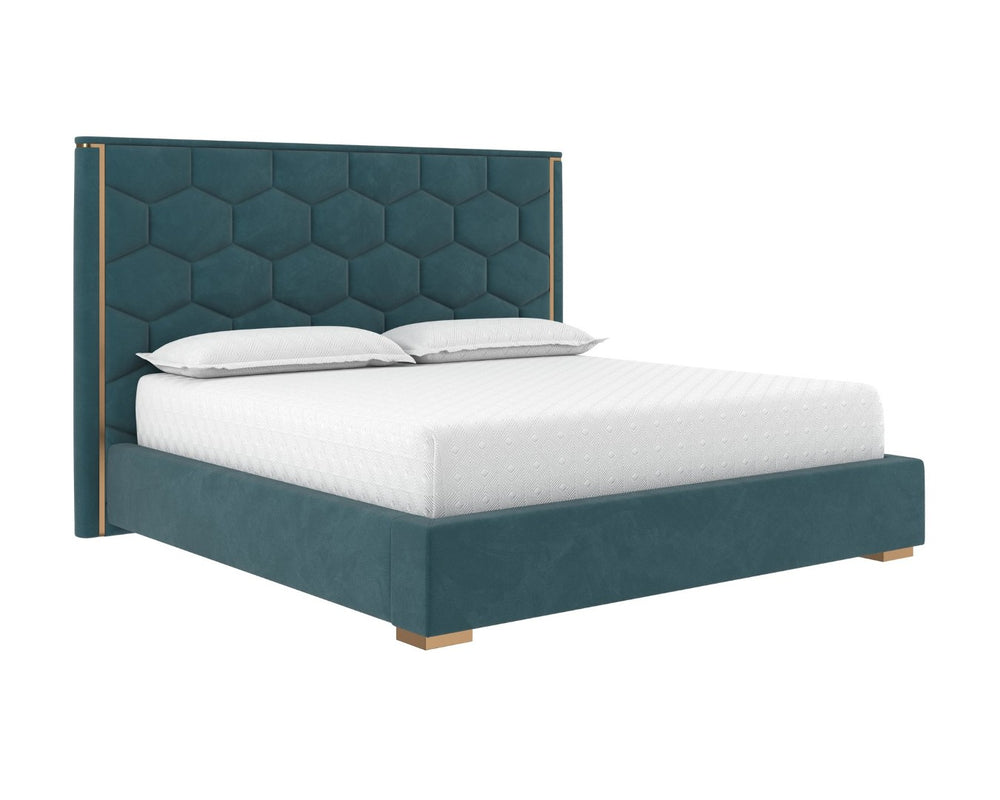 Sunpan ALISHA King Bed - Luxurious Meg Dusty Teal Upholstered Design with Gold Accents & Tufted Headboard 110095