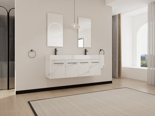 English Elm 60 Inch Wall-Mounted Bathroom Vanity With Double Resin Sinks, Modern Design, Storage & Style W999S00254
