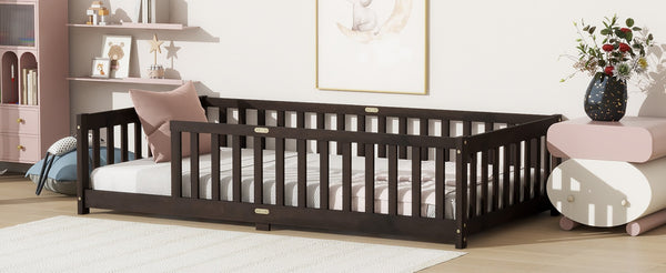 English Elm Twin Size Floor Bed With Safety Guardrails, Eco-Friendly Rubberwood Frame For Kids' Room Comfort W504P286398-GIGA