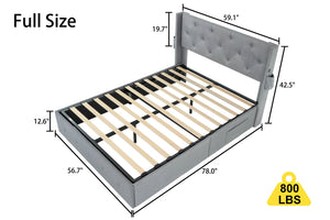 English Elm Full Size bed frame with gas lift storage, modern wingback channel headboard, USB ports included Light Gray W1960P176241