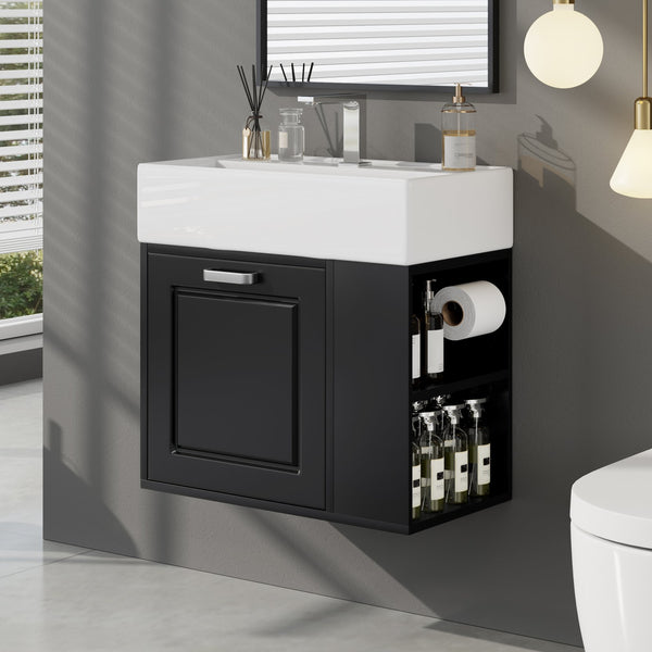 English Elm Christopher Knight Home® - 21.8" Wall-Mounted Bathroom Vanity with Ceramic Sink, Soft-Close Drawer, Adjustable Shelves & Tissue Holder Black N759P292550B