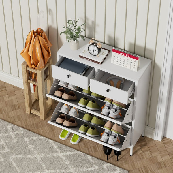 English Elm Shoe Cabinet Slim Steel Entryway Organizer with Flip Compartments and Retro White Finish T2398P413025