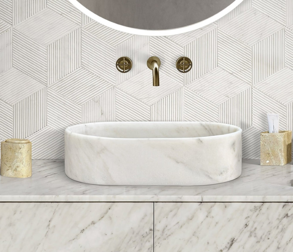 English Elm White Natural Marble Vessel Sink - Semi-Polished Elegance, Durable Design For Luxurious Bathrooms W1696P333273-GIGA
