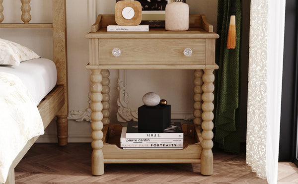 English Elm Retro Bedside Nightstand with Turned Rubberwood Legs Open Shelf and Drawer Storage Natural N733P206240M