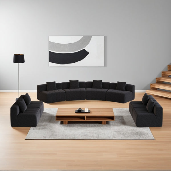 English Elm Four Curved Chenille Modular Sectional Sofa with Piano Key Seating and Eight Pillows Black W834S00588