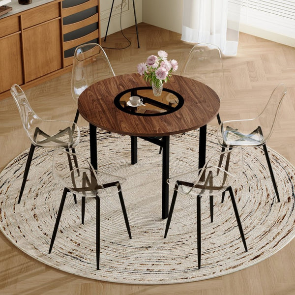 English Elm Table and Chair Set 42 Inch Round Wood Grain Dining with Six Transparent Plastic Seats W1151S04490