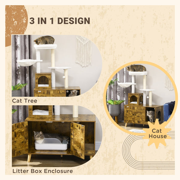 English Elm PawHut Space Capsule Covered Cat Litter Box with Removable Tray, Front Door Access & Odor Control Rustic Brown W2225P229568