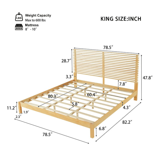 English Elm Premium Solid Wood King Platform Bed Warm Toned Slat Headboard Modern Bedroom Frame Natural N770PK367005N